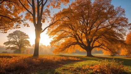 Poster - Autumn Landscape Featuring Majestic Trees Illuminated by Golden Sunlight in a Serene Natural Setting