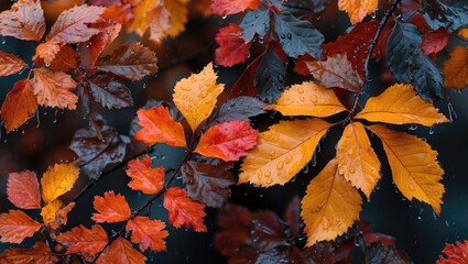 Poster - close up of vibrant autumn foliage glistening with raindrops showcasing rich colors of orange red and yellow leaves after rainfall