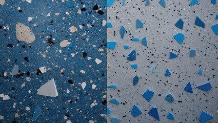 Poster - Terrazzo texture featuring blue and gray tones with mixed stone fragments on a marble surface, perfect for decorative backgrounds.