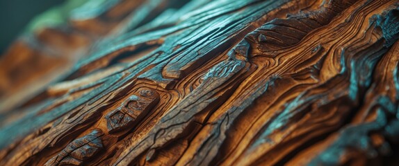 Aufkleber - Detailed close-up of textured wooden surface showcasing intricate grain patterns and natural color variations in elegant lighting