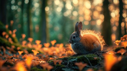 Poster - Rabbit sitting on mossy ground surrounded by orange flowers in a forest during golden hour with blurred background.