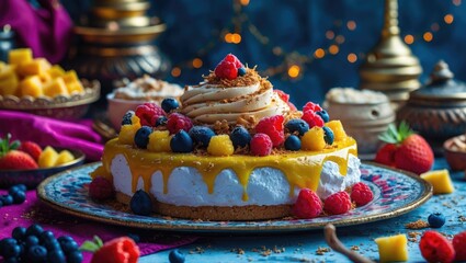 Poster - Colorful fruit cake decorated with whipped cream and fresh berries on a decorative plate with blurred background and warm lighting.