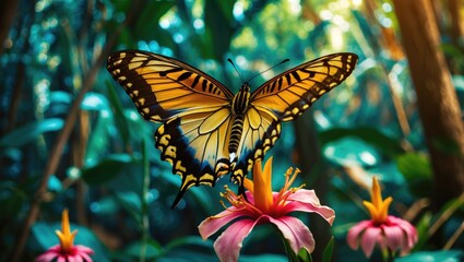 Poster - Butterfly perched on pink flower in lush green tropical environment with blurred background and vibrant colors
