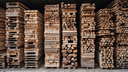 Aufkleber - Stacks of various types of lumber and wooden planks arranged neatly in a warehouse interior for storage and inventory purposes
