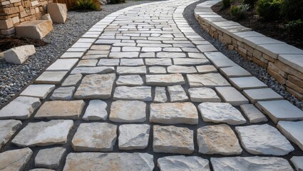 Aufkleber - Pathway made of textured stone pavers with a curved design surrounded by landscaped garden elements