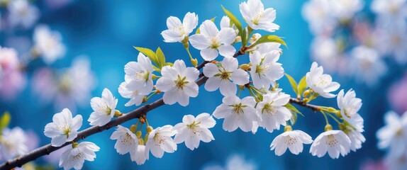 Poster - Delicate white cherry blossoms on a soft blurred blue background creating a serene floral ambiance with space for text or design elements.