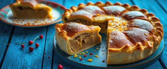 Poster - Apple pie on a blue wooden table with sliced portion and decorative toppings, rustic style dessert photography