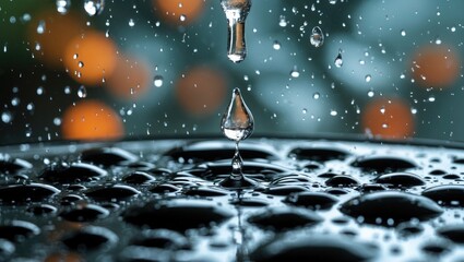 Poster - Water droplets on glass surface with blurred background creating a serene and refreshing atmosphere in macro photography.