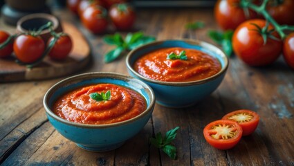 Poster - Tomato sauce in two blue bowls with fresh tomatoes and herbs on a rustic wooden table setting