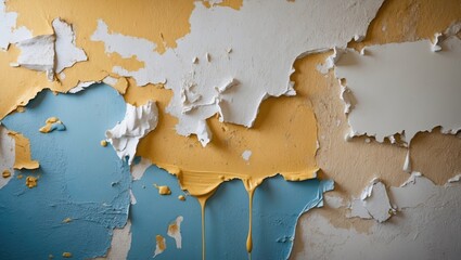 Poster - Peeling and chipped wall paint texture revealing layers in blue and yellow tones ideal for renovation or artistic backgrounds.