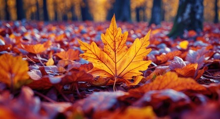 Wall Mural - Vibrant autumn leaves in a forest highlighting the striking colors of fall foliage in a close-up perspective.