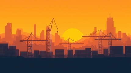 Container ship silhouette of industrial cranes concept. Silhouetted Cargo Ships at Sunset Against an Industrial Port Skyline