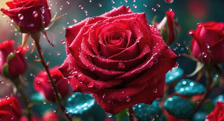 Poster - Stunning red rose with sparkling water droplets surrounded by lush greenery in a vibrant natural setting.