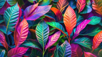 Poster - Vibrant multicolored leaves creating a rich and dynamic natural background showcasing diverse leaf textures and patterns