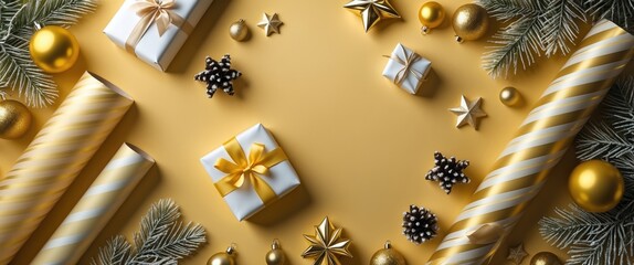 Aufkleber - Gold and white Christmas decorations with gift boxes, ornaments, and wrapping paper on a yellow background