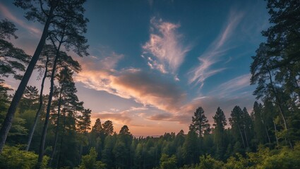 Aufkleber - Sunset over dense forest with dramatic clouds and clear sky in the background during twilight