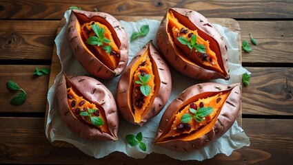 Poster - Baked sweet potatoes with beans and herbs on wooden surface with fresh mint leaves and parchment paper