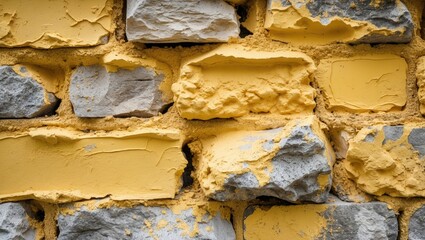 Poster - Textured rustic wall featuring yellow-painted bricks and rough gray stones in a close-up view.