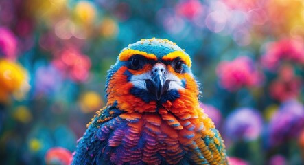 Poster - vibrant colorful parrot portrait with artistic blurred floral background in a captivating display of hues and textures
