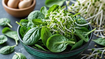 Poster - Fresh spinach leaves and bean sprouts in a bowl with eggs in the background on a textured surface