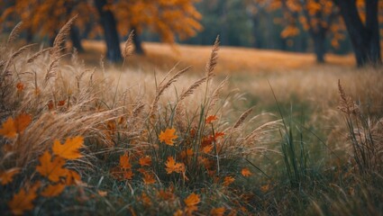 Poster - Autumn landscape featuring golden grass and vibrant orange leaves creating a serene and warm seasonal atmosphere in nature.
