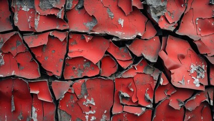 Poster - Worn cracked red metal wall texture showcasing peeling paint and weathered surface for artistic or industrial backgrounds.