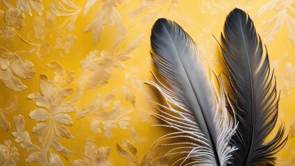 Poster - Elegant gray bird feathers displayed against a vibrant yellow textured background showcasing contrast and natural beauty in design.