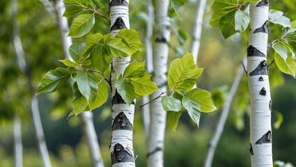 Poster - Fresh green birch tree leaves against a blurred natural background showcasing vibrant foliage and textured white bark in a serene environment.