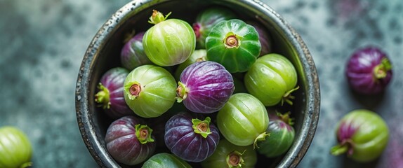 Aufkleber - Fresh green and purple gooseberries in a rustic bowl on a textured surface with scattered berries around