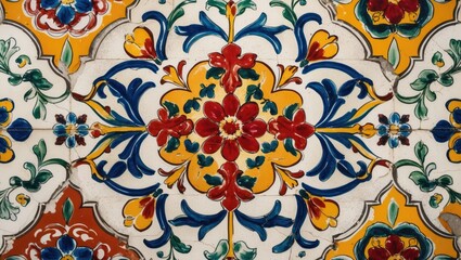 Poster - Traditional Portuguese tiles featuring vibrant floral patterns and intricate designs in rich colors, showcasing the beauty of old craftsmanship.