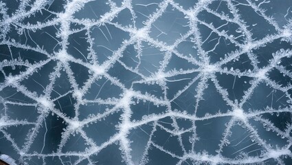 Aufkleber - Ice pattern with cracks and frost on frozen water surface creating intricate web-like design in natural winter scene.