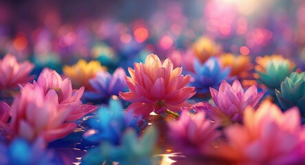 Poster - Vibrant dreamy floral background with vivid lotus flowers creating a serene and colorful atmosphere in soft focus.