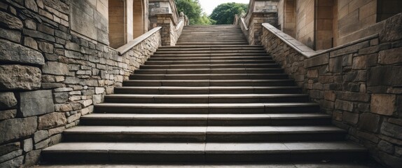Aufkleber - Stone staircase with multiple steps between textured stone walls surrounded by greenery in a quiet outdoor setting