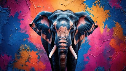 Poster - Colorful abstract background featuring an Asian elephant against a vibrant textured backdrop, showcasing bold hues and artistic design elements.