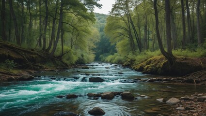 Poster - River flowing through a lush green forest surrounded by trees and rocks with gentle ripples in calm water under soft natural lighting