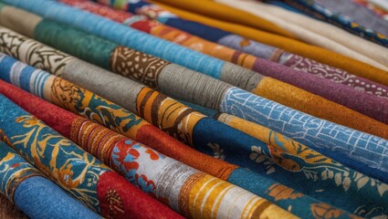 Poster - Colorful patterned textile fabric rolls stacked in a parallel arrangement showcasing various designs and textures on a wooden surface