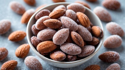 Poster - Bowl of sweetened almonds surrounded by scattered almonds on a textured surface