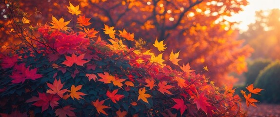Poster - vibrant autumn leaves illuminated by warm sunlight creating a picturesque scene in a tranquil outdoor setting