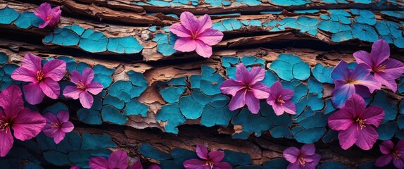 Poster - Vibrant pink flowers on textured blue and brown bark surface with intricate details of layers and peeling paint