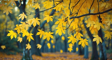 Poster - Vibrant autumn scene featuring bright yellow maple leaves gracefully hanging from branches in a tranquil forest setting.