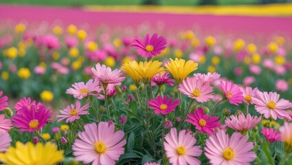 Poster - Colorful field of pink and yellow flowers in full bloom capturing the essence of summer with vibrant petals and potential for text overlay.