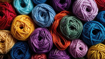 Poster - Colorful assortment of crocheted yarn skeins arranged in a textured background emphasizing vibrant hues and intricate details.