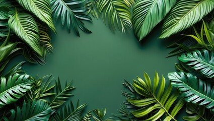 Poster - Green tropical leaves arrangement on solid background for nature and botanical themes. Texture and layered foliage with space for text.