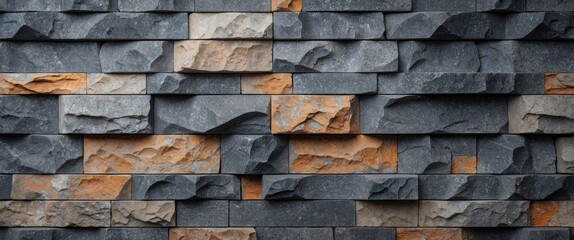 Poster - Textured stone wall with grey and orange bricks in a contemporary arrangement for architectural backgrounds and interior design.