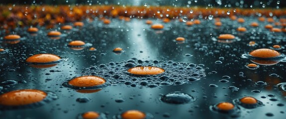 Poster - Rainy puddle surface with vibrant orange circles and bubbles, creating a textured autumnal water scene amidst falling droplets.