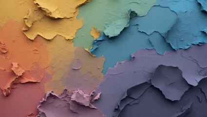 Poster - colorful abstract textured layers of paint in pastel shades of orange yellow green blue and purple on a wall