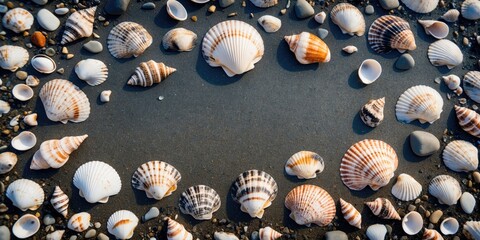 Poster - scenic beach background with various shells and pebbles framing a blank space for text or design ele