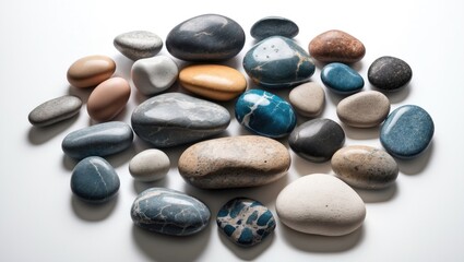 Poster - Colorful assorted pebbles arranged neatly on a white background showcasing natural textures and patterns for decorative use