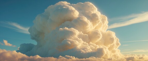 Poster - Majestic towering cloud formation illuminated by sunlight against a clear blue sky creating a serene atmospheric landscape.