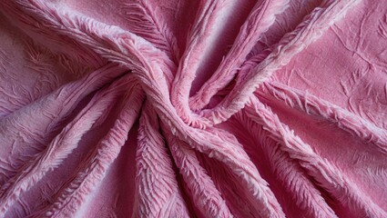 Poster - Soft pink velours textile texture with intricate patterns and folds ideal for backgrounds or fabric design elements.